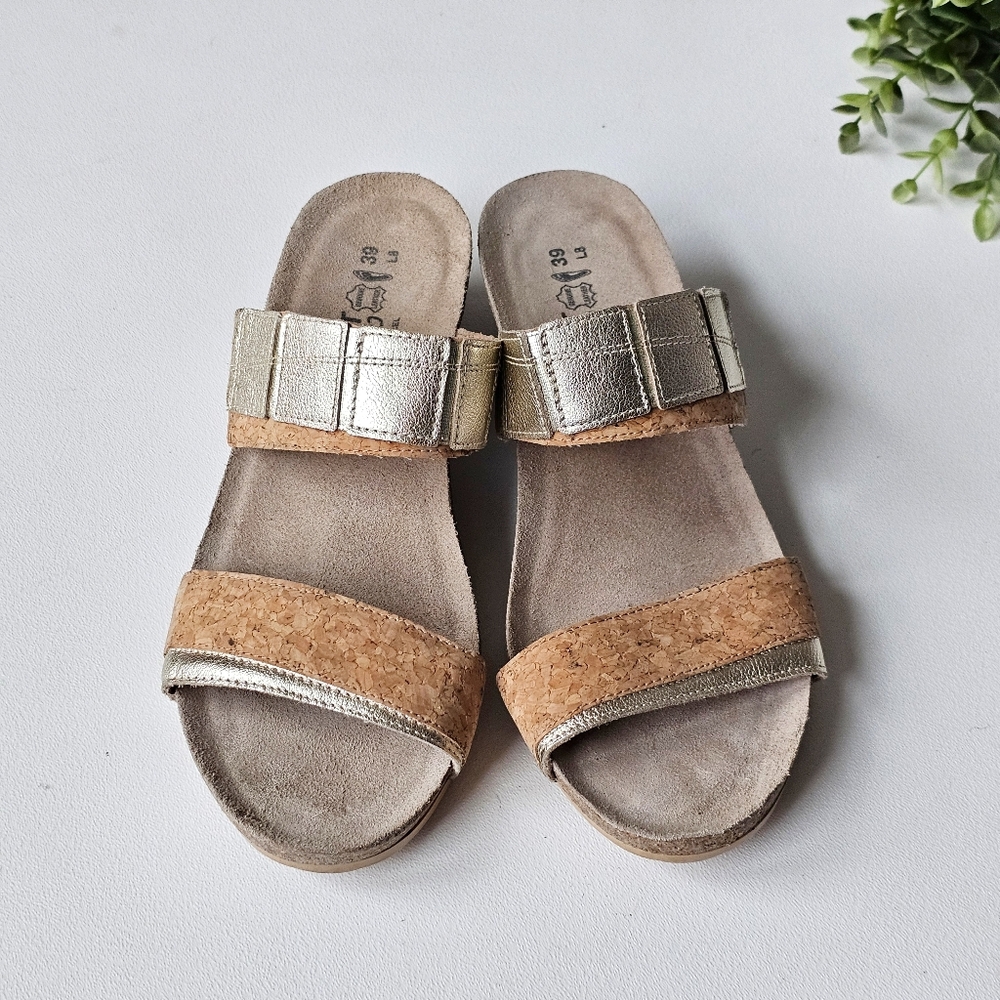 NAOT Royalty Cork Banded Wedge Slide Sandals Gold EU 39 US 8 Comfort - Picture 2 of 14
